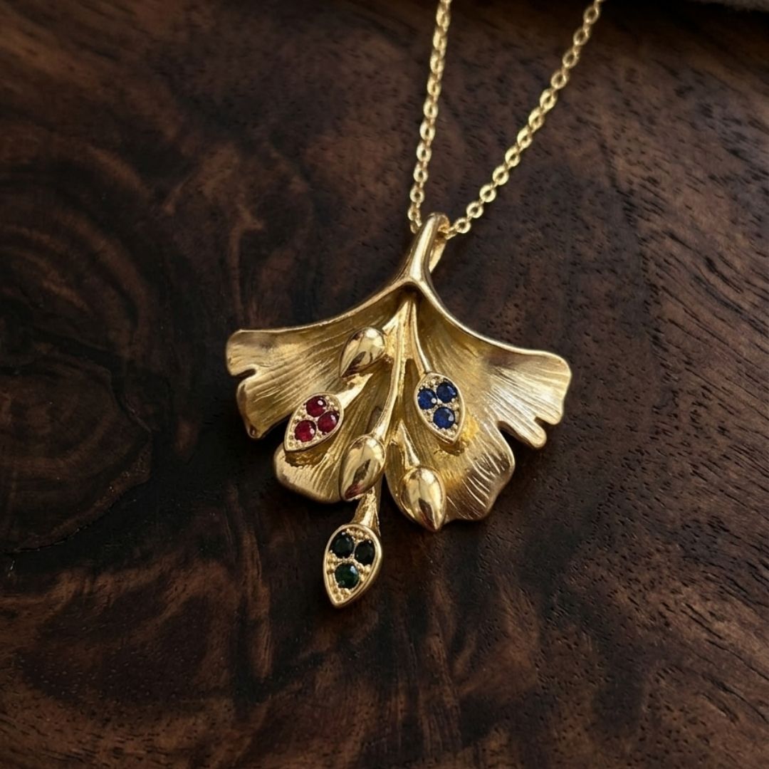 Golden Leaf Zircon Necklace Set with Earrings & Ring