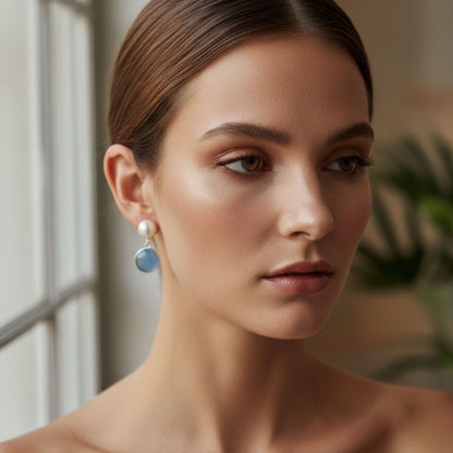 Pearl & Blue Stone Silver Drop Earrings