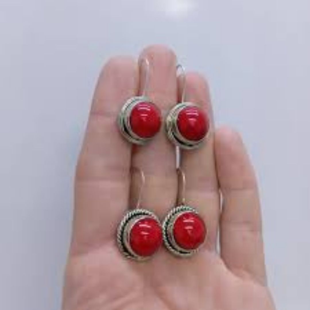 Red Round Stone Silver-Tone Dangle Earrings
