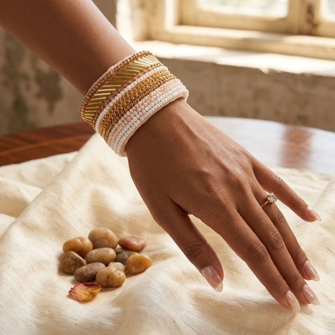 Handmade Gold & Pearl Beaded Cuff Bracelet – Elegant Velvet Statement Bangle