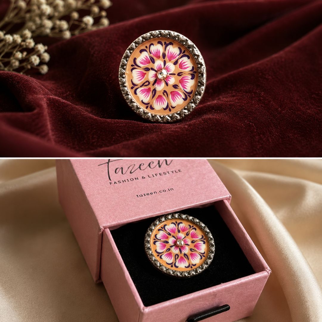 Elegant Meenakari Orange Floral Silver Adjustable Finger Ring