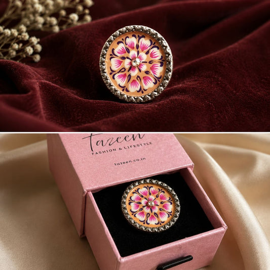 Elegant Meenakari Orange Floral Silver Adjustable Finger Ring