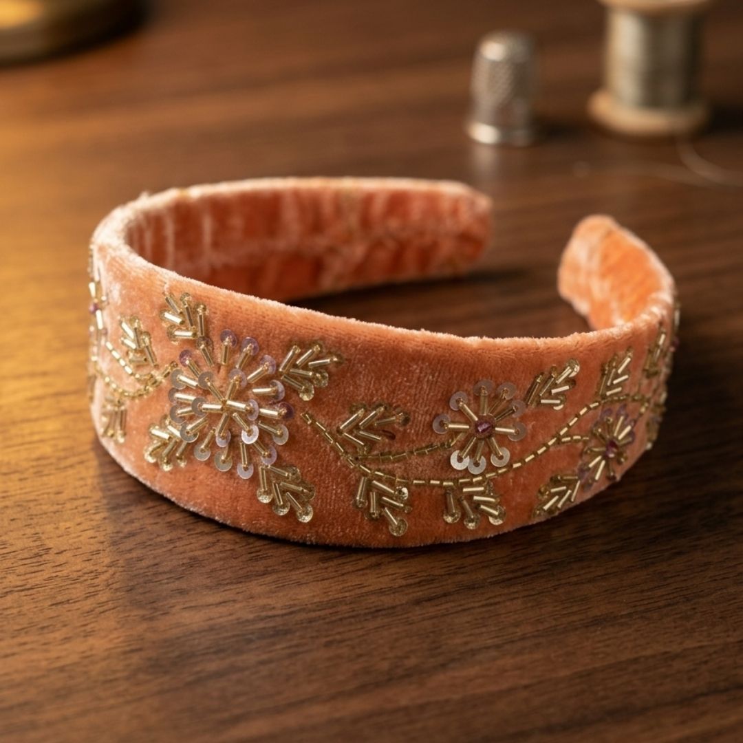 Handmade Premium Velvet Embroidered Hairband – Elegant Floral Design
