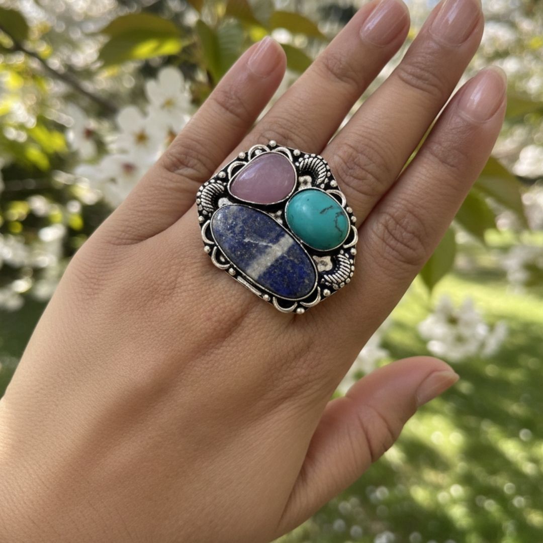 Bohemian Garden Natural Stone Oxidised Statement Ring