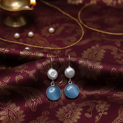 Pearl & Blue Stone Silver Drop Earrings