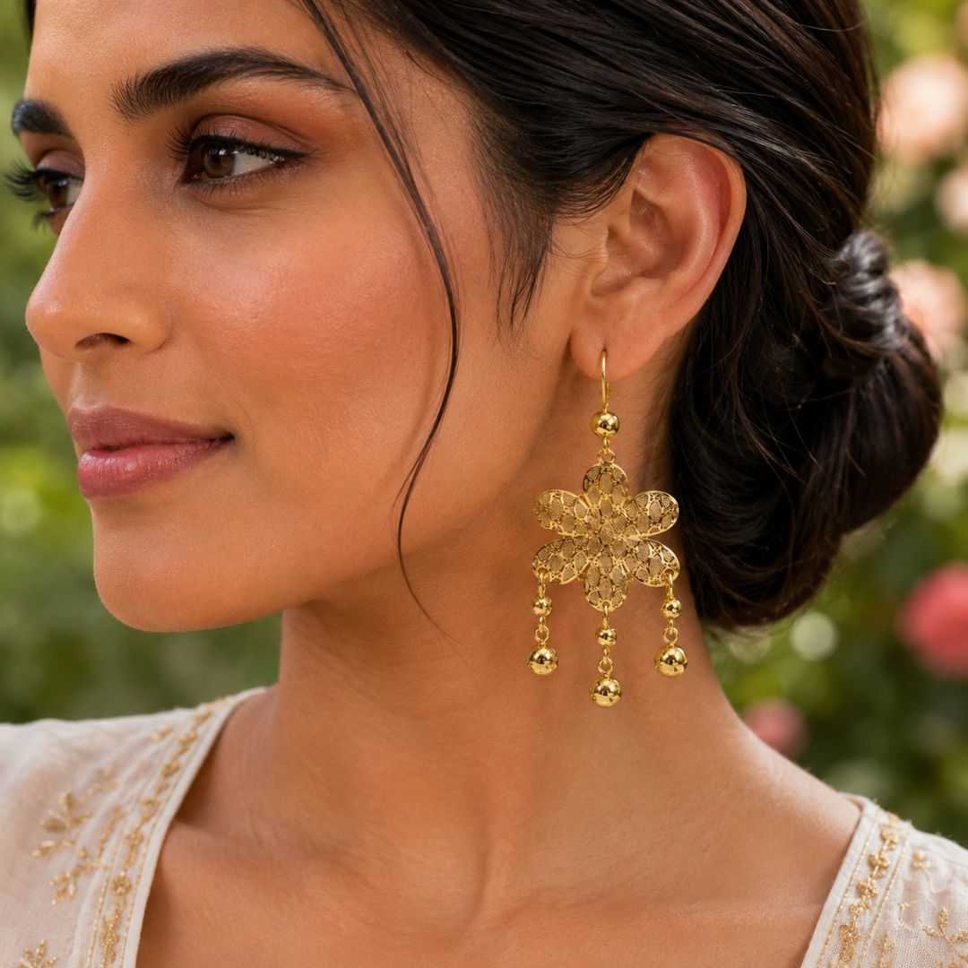 Elegant Golden Floral Filigree Drop Earrings with Pearl-Like Ball Charms