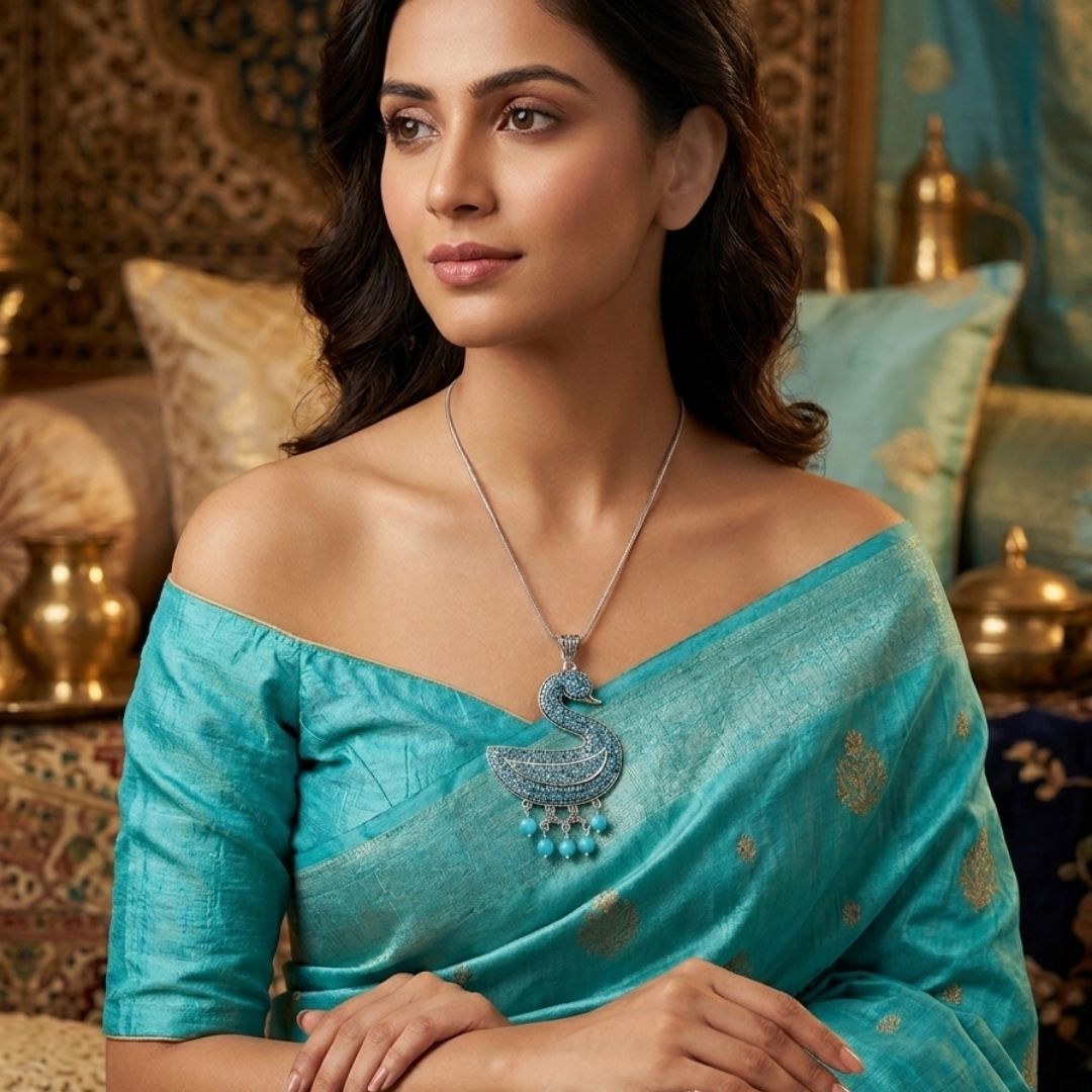 Oxidized Swan Pendant Necklace with Turquoise Diamond-Look Stones & Hanging Pearl Drops