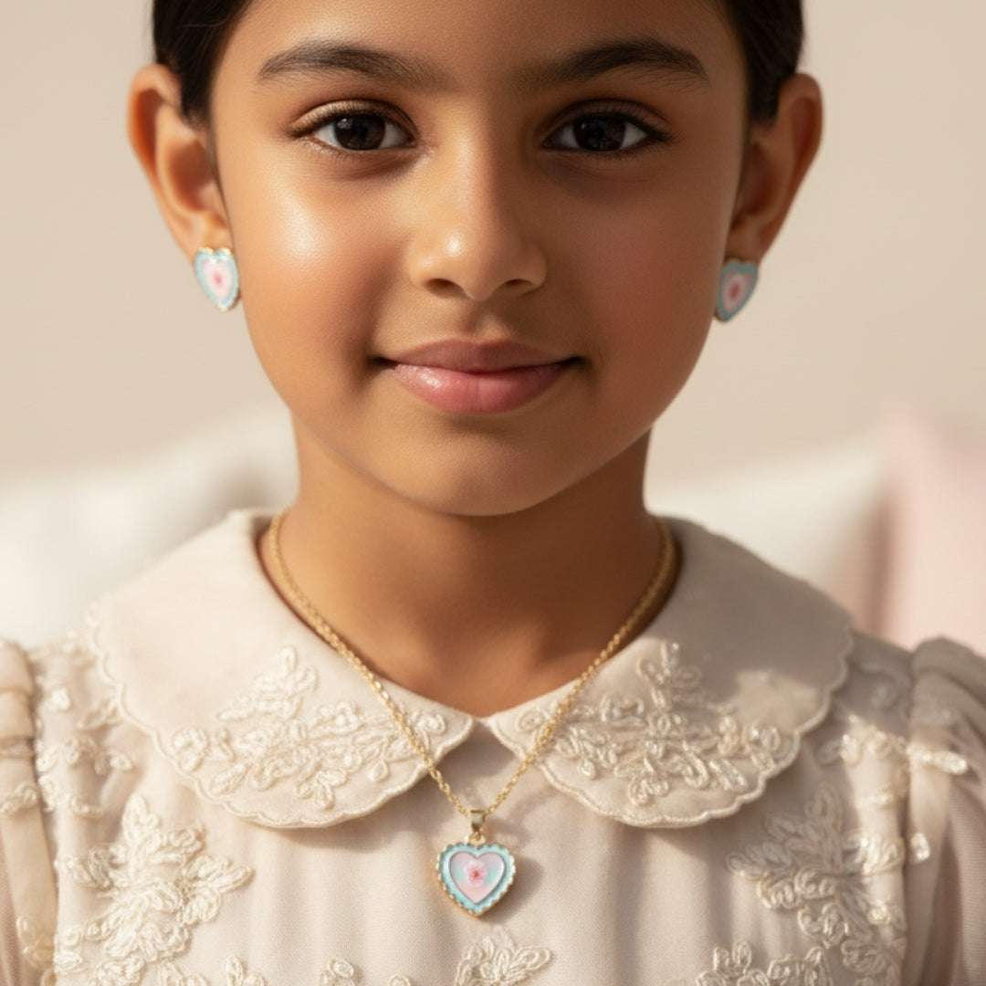 Pastel Heart Flower Jewelry Set – Kids Necklace & Earrings