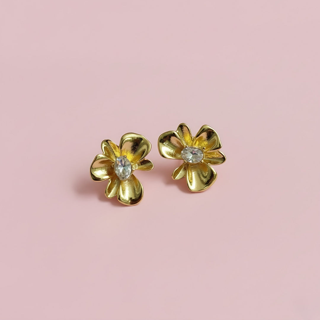 Gold Flower Crystal Stud Earrings