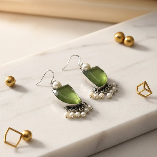 Oxidized Light Green Stone & Pearl Danglers