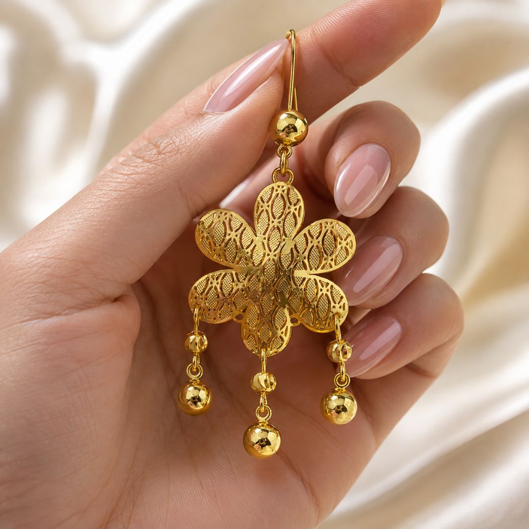 Elegant Golden Floral Filigree Drop Earrings with Pearl-Like Ball Charms