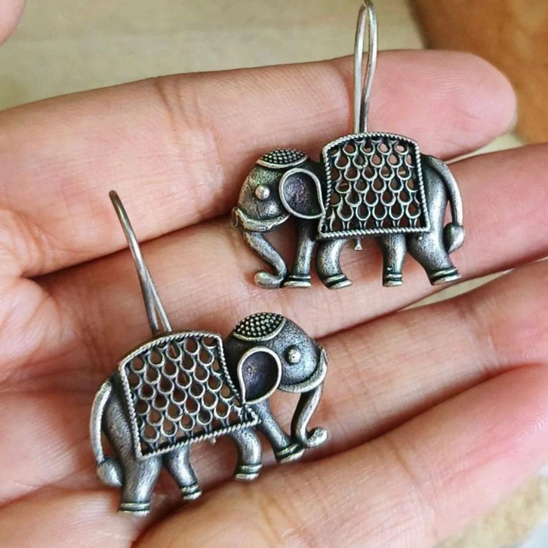 German Silver Elephant Hook Earrings | Oxidized Tribal Elephant Dangle Earrings for Women