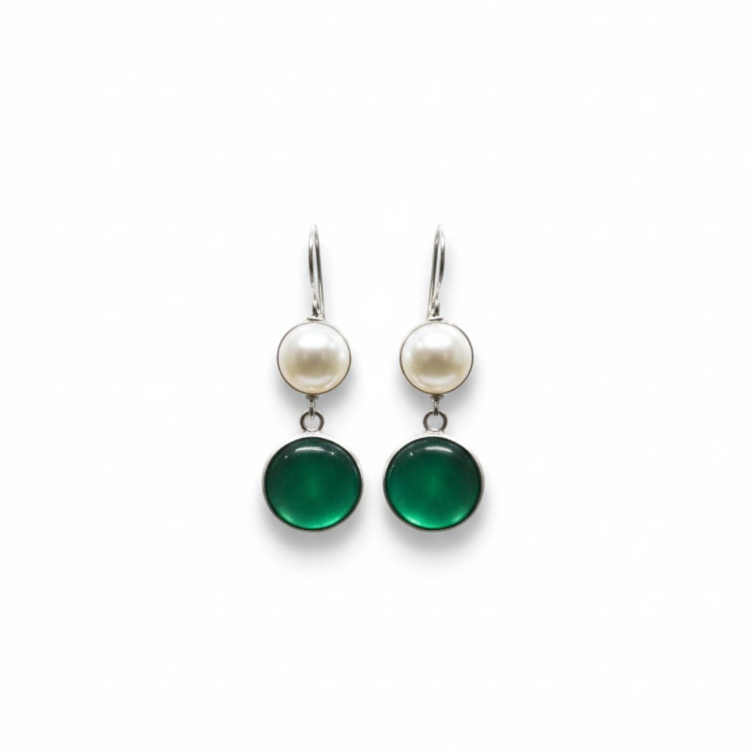 Silver Pearl & Green Onyx Drop Earrings