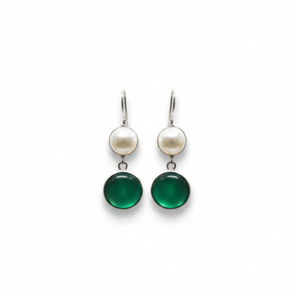 Silver Pearl & Green Onyx Drop Earrings