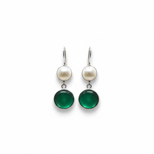 Silver Pearl & Green Onyx Drop Earrings