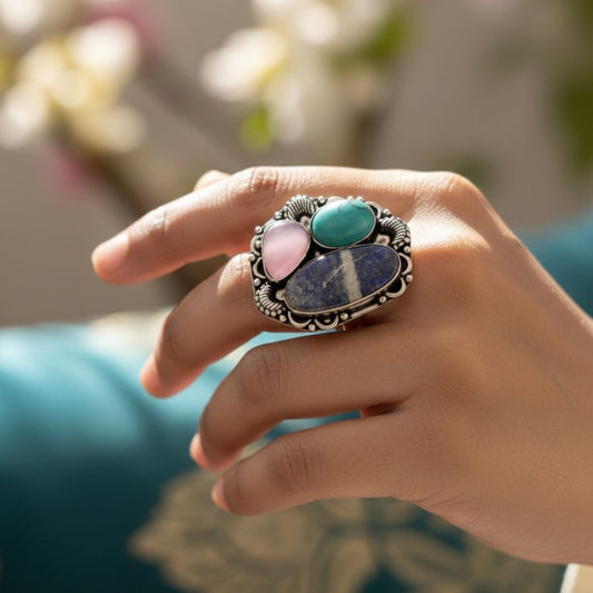 Bohemian Garden Natural Stone Oxidised Statement Ring