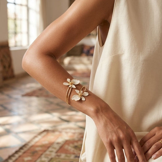 Elegant Floral Armlet with Ring Combo – Gold-Tone Bracelet with Pearl Petal Design
