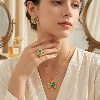 New style women's jewelry set with a unique petal design, earrings and long necklace