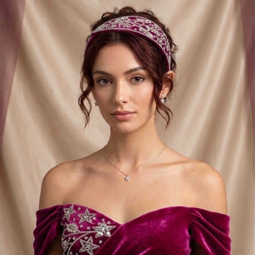 Handmade Premium Velvet Embellished Hairband – Deep Pink Sequin Star Design