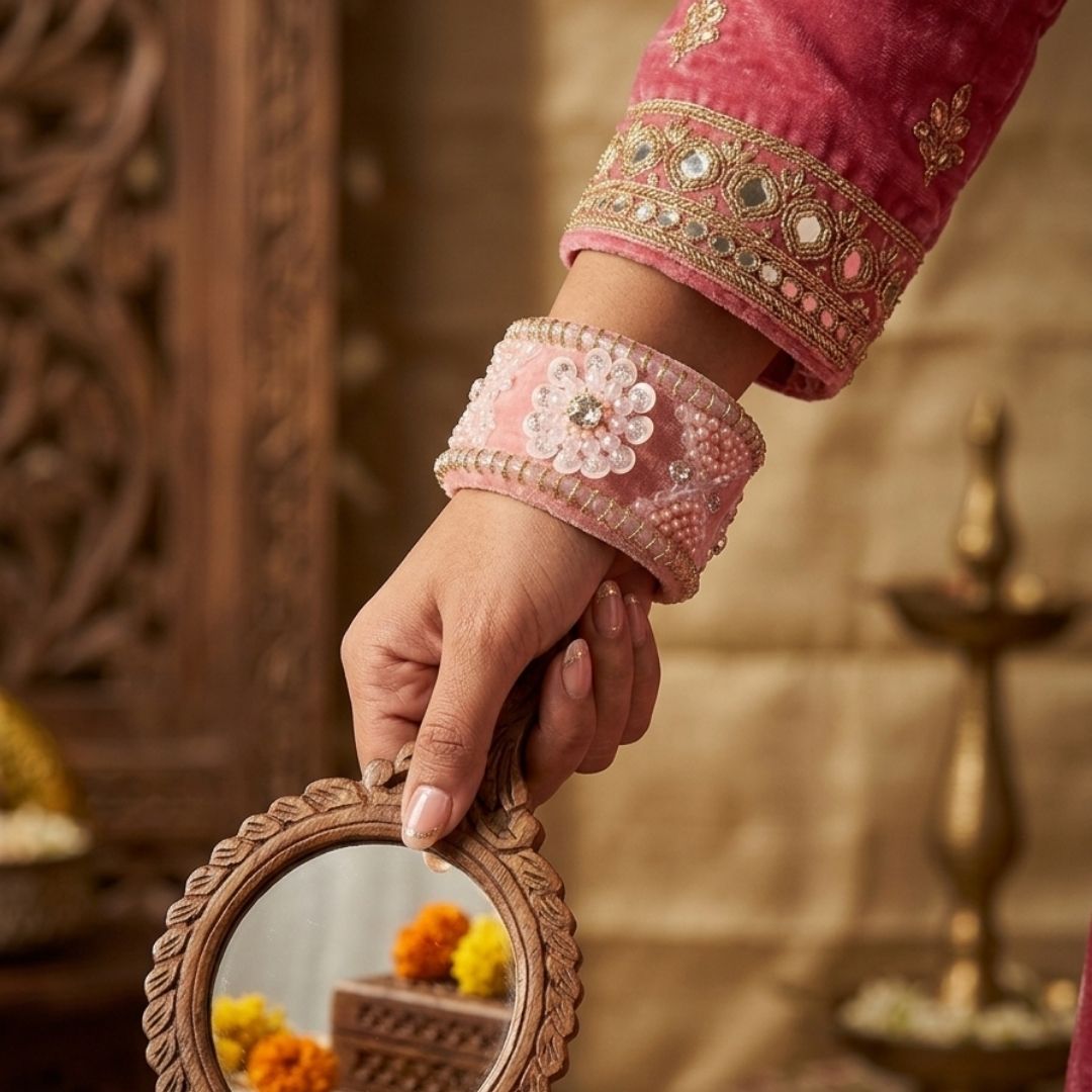 Elegant Handcrafted Pink Embroidered Bracelet with Pearl