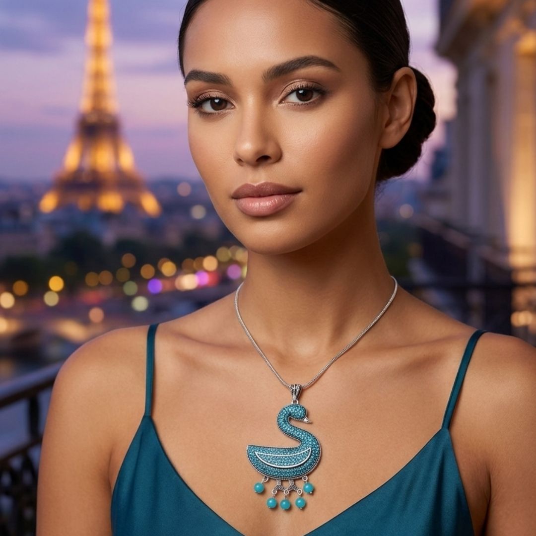 Oxidized Swan Pendant Necklace with Turquoise Diamond-Look Stones & Hanging Pearl Drops