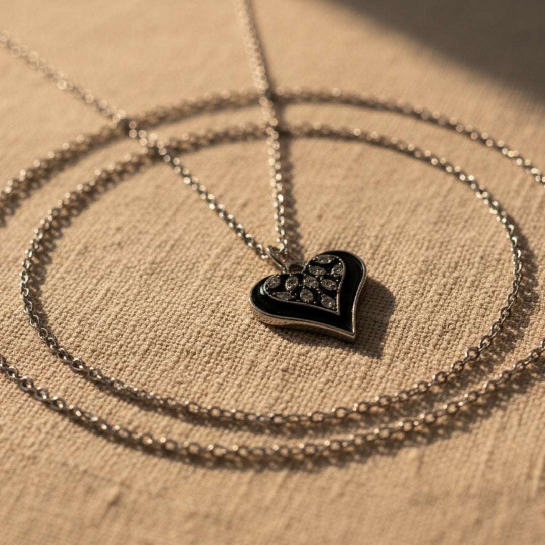Black Crystal Heart Pendant Necklace – Silver Chain
