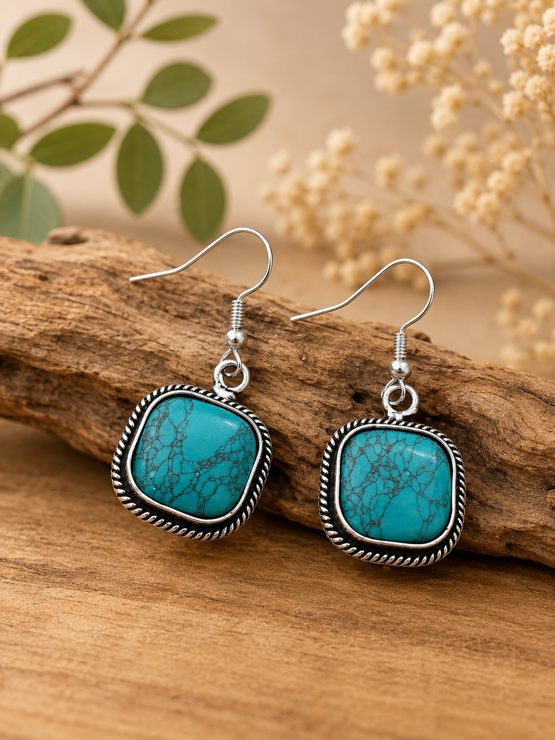 Turquoise Stone Drop Earrings – Boho Western Silver Tone Dangle Earrings