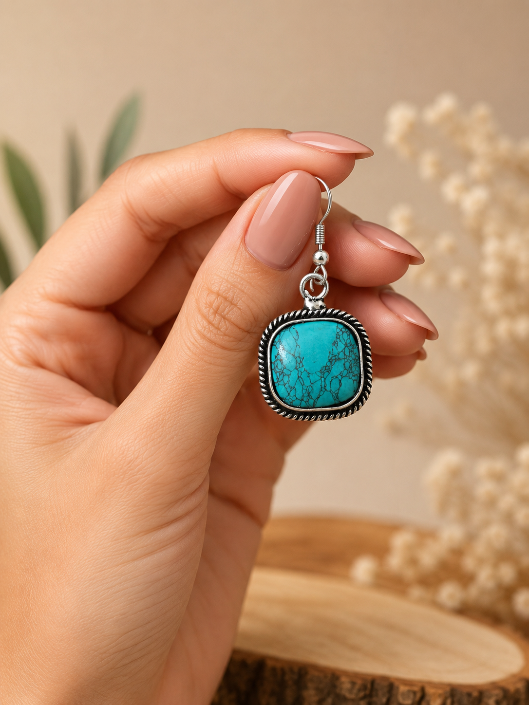 Turquoise Stone Drop Earrings – Boho Western Silver Tone Dangle Earrings