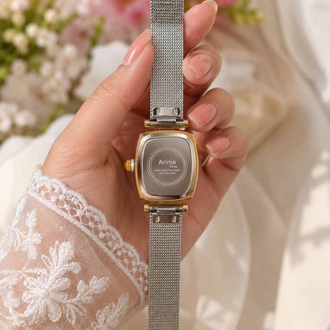 Annie Prestige Square Dial Two-Tone Mesh Watch – 18KT Gold-Plated Stainless Steel Watch for Women