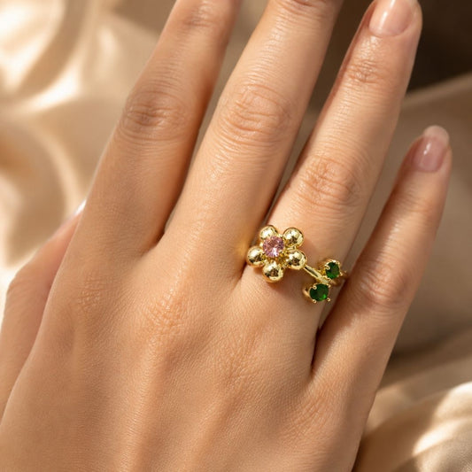 Golden Bloom Adjustable Ring – 18K Gold Plated Floral CZ Ring