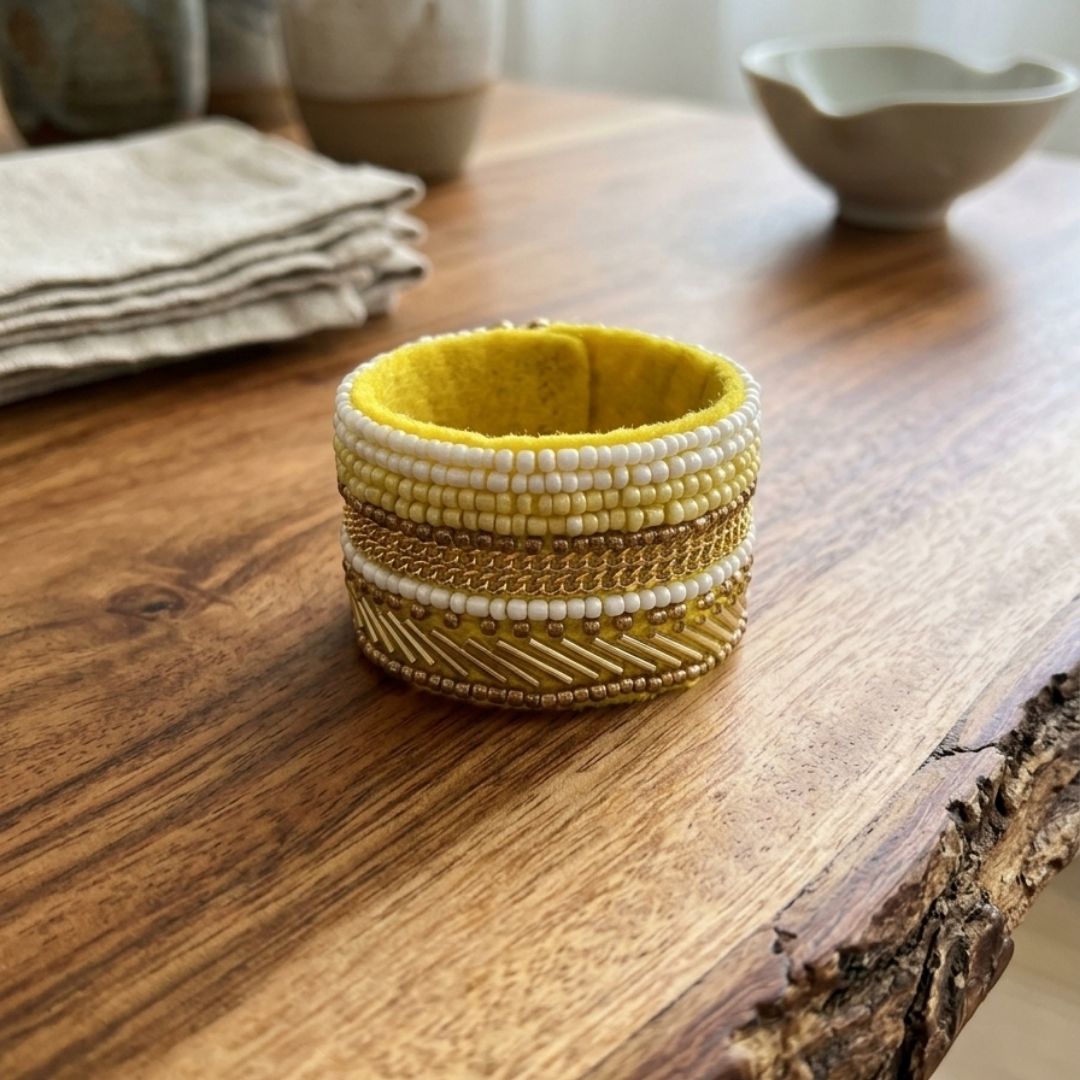 Handcrafted Yellow Beaded Bracelet with Gold Thread Detailing