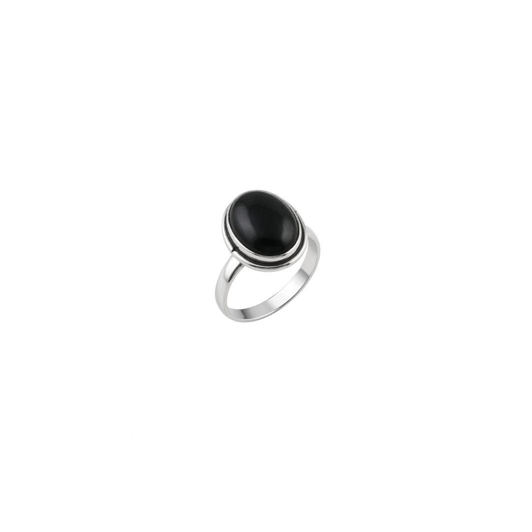 German Oxidized Silver Oval Black Stone Ring