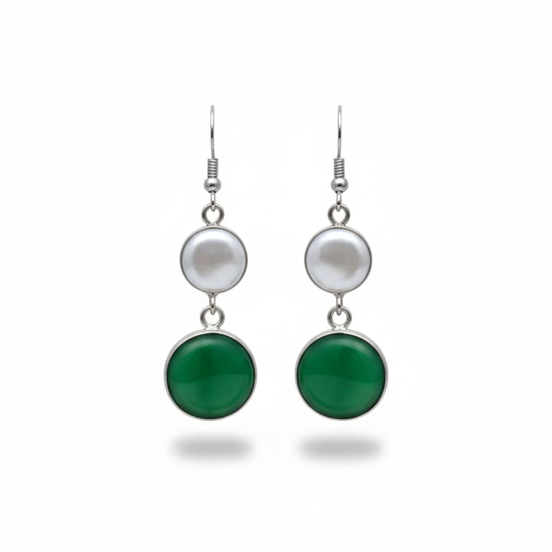 Silver Pearl & Green Onyx Drop Earrings