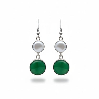 Silver Pearl & Green Onyx Drop Earrings