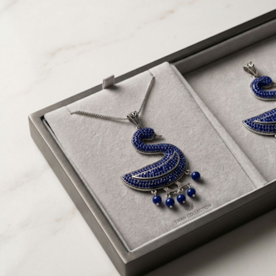 Oxidized Swan Pendant Necklace with Royal Blue Diamond-Look Stones & Hanging Pearl Drops