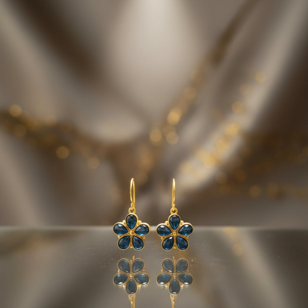 Blue Floral Drop Earrings – Gold finish
