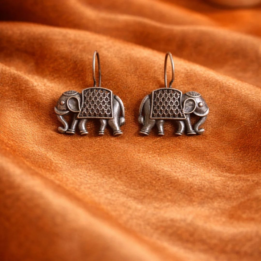 German Silver Elephant Hook Earrings | Oxidized Tribal Elephant Dangle Earrings for Women