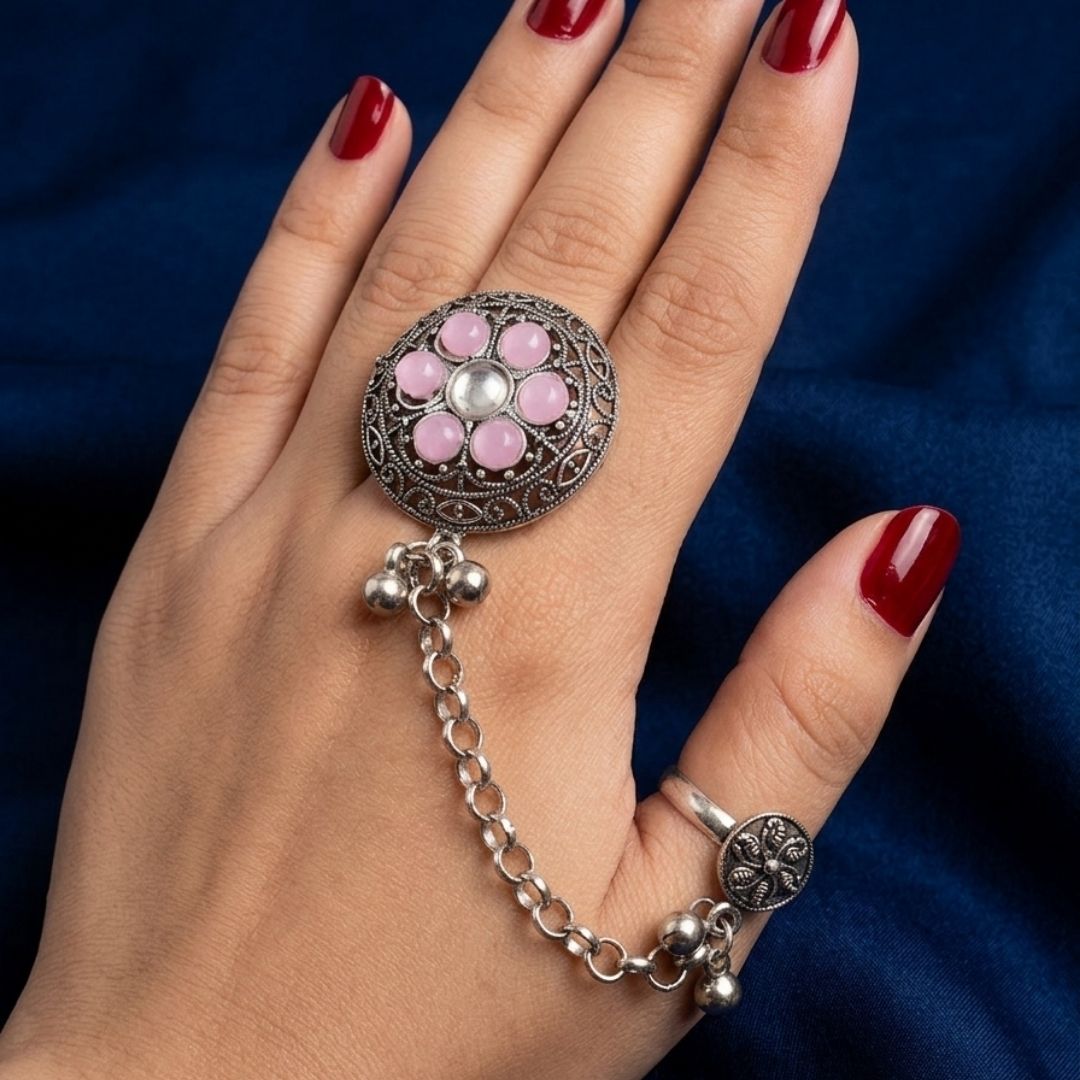 Oxidized German Silver kashmiri style Pink Stone Floral Chain Hand Harness Ring