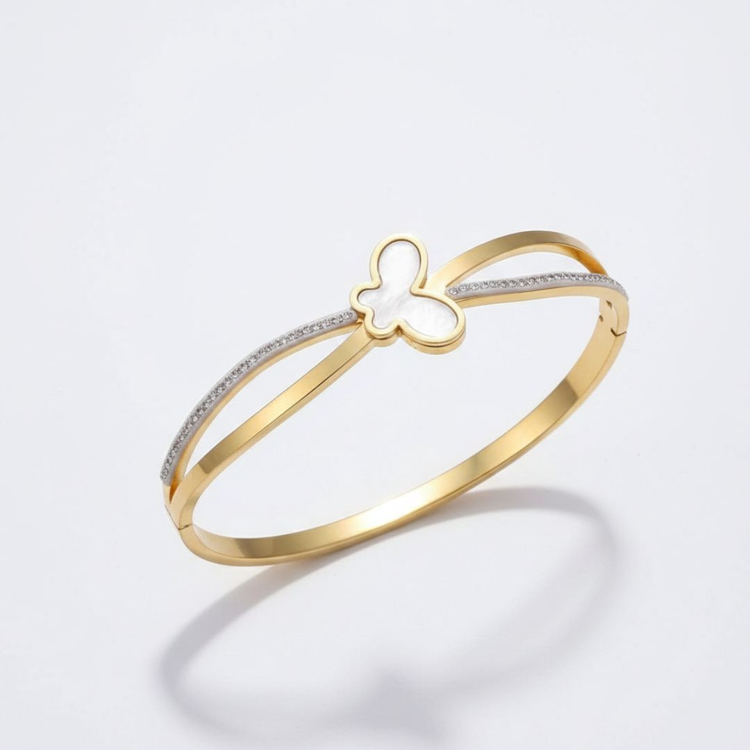 Anti-Tarnish Butterfly Bracelet | Mother of Pearl & Crystal Bangle