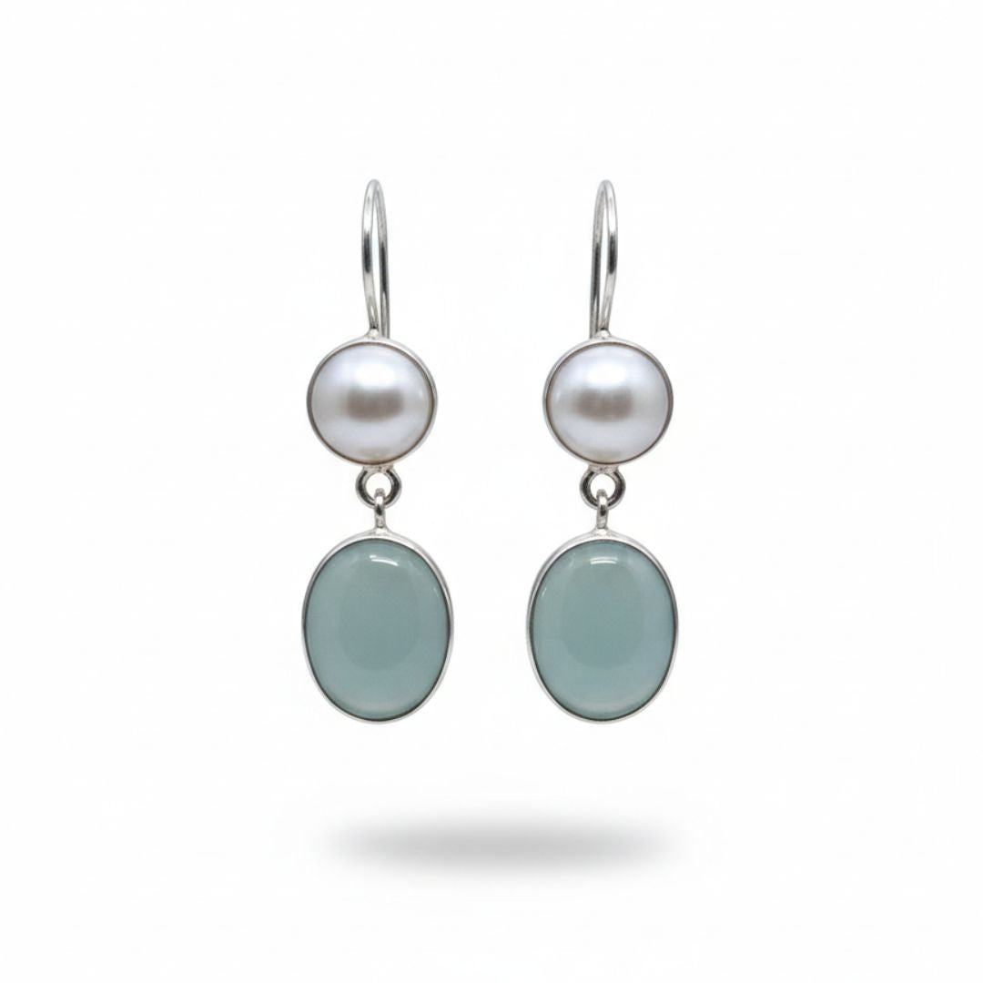 Silver Pearl & Aqua Chalcedony Drop Earrings