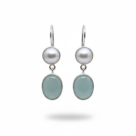 Silver Pearl & Aqua Chalcedony Drop Earrings