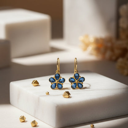 Blue Floral Drop Earrings – Gold finish