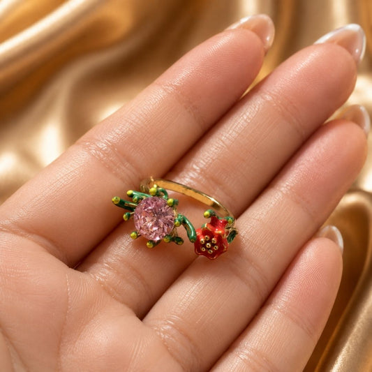 Blooming Floral Open Ring with Pink Oval Crystal