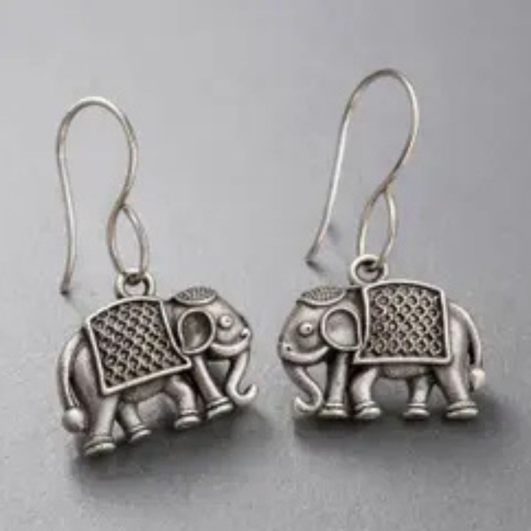 German Silver Elephant Hook Earrings | Oxidized Tribal Elephant Dangle Earrings for Women