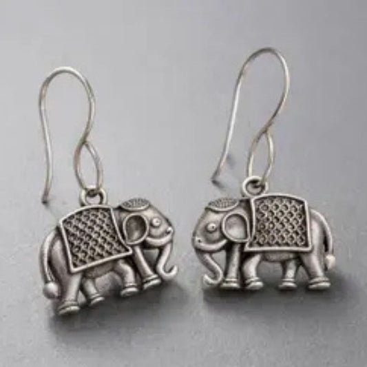 German Silver Elephant Hook Earrings | Oxidized Tribal Elephant Dangle Earrings for Women