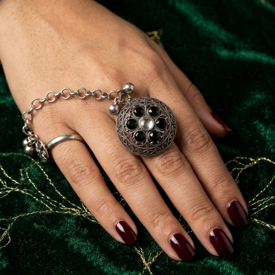 Oxidized German Silver Dual Ring Chain Black Stone Statement Hand Harness