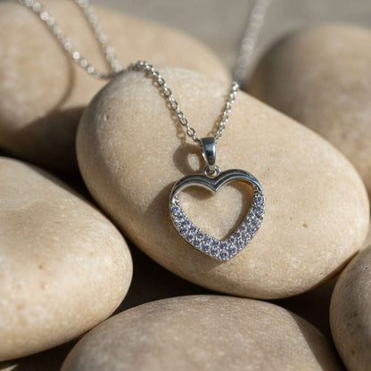 Silver Open Heart Pendant Necklace – Crystal Accent