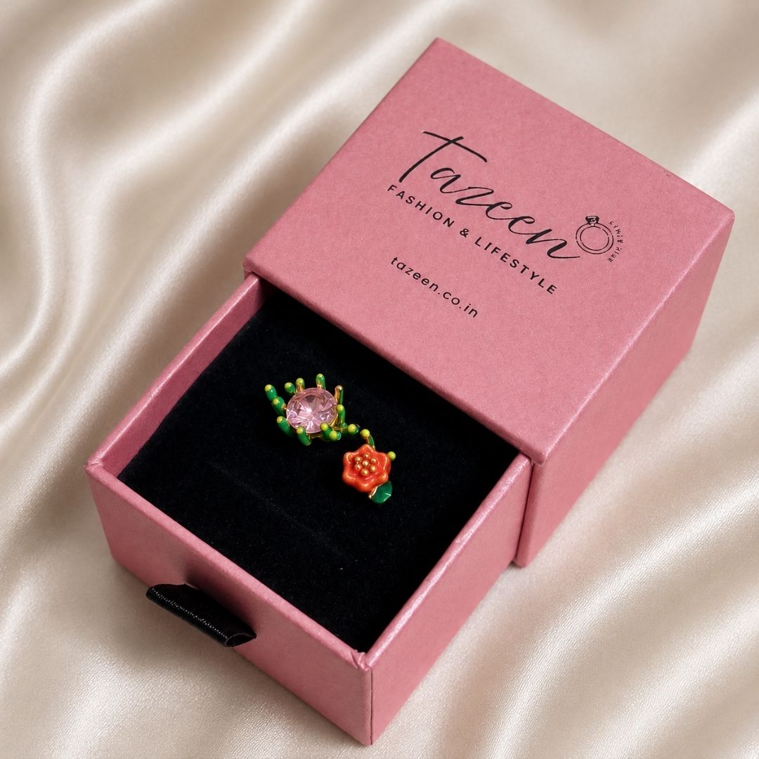 Blooming Floral Open Ring with Pink Oval Crystal