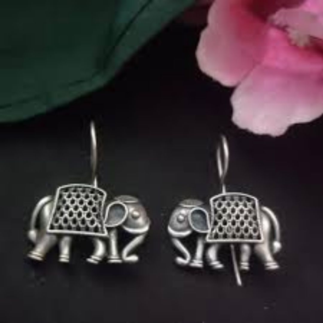 German Silver Elephant Hook Earrings | Oxidized Tribal Elephant Dangle Earrings for Women
