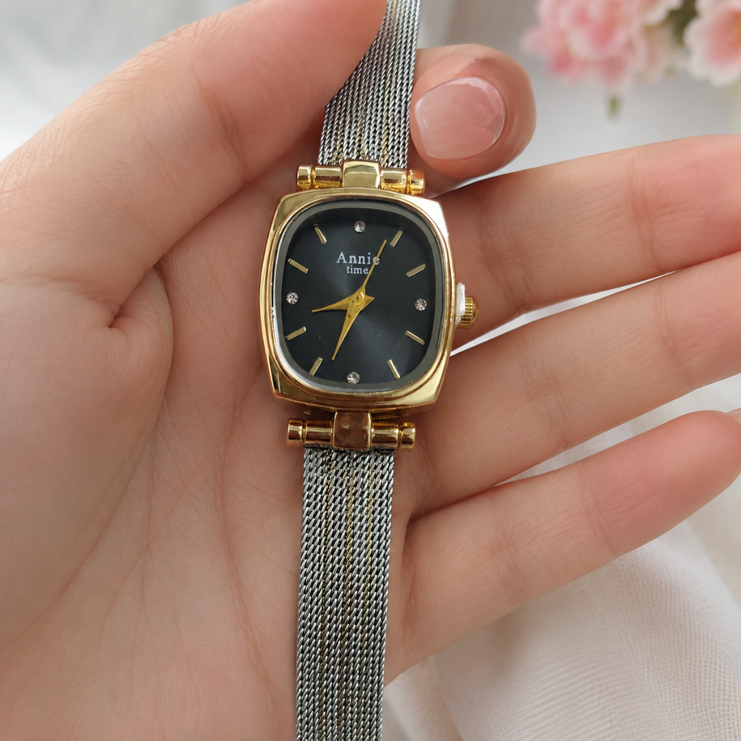 Annie Prestige Square Dial Two-Tone Mesh Watch – 18KT Gold-Plated Stainless Steel Watch for Women
